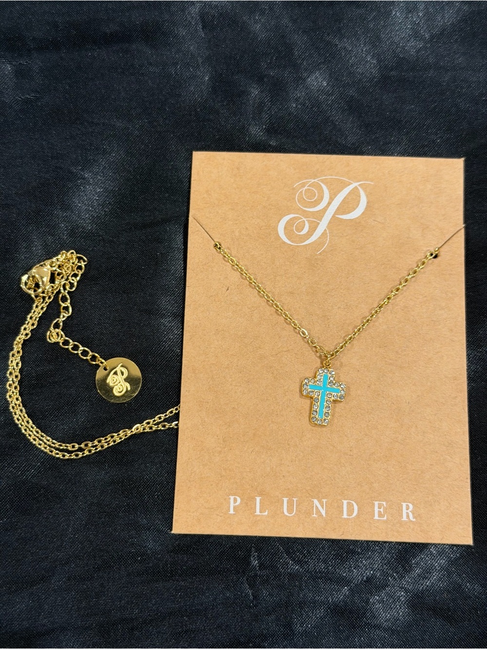 Plunder Gold-Tone Turquoise Cross Necklace and Hoop Earrings - Picture 2 of 3
